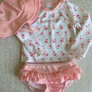 First Impressions Swim Set - Swimsuit Hat Rashguard Ruffle 18M Flamingo